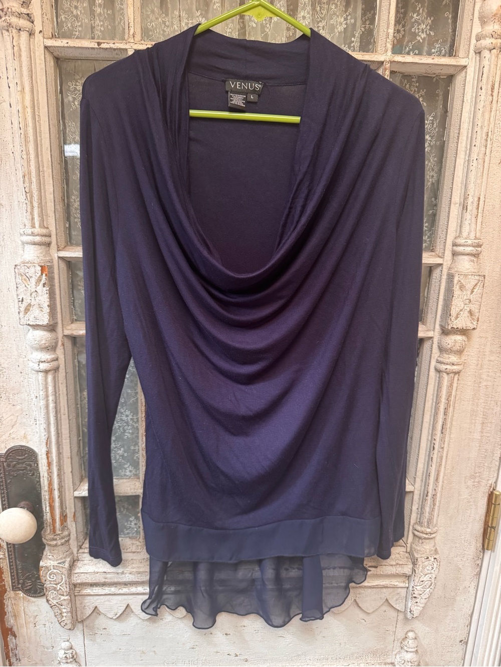 VENUS Navy Cowl Neck Long Sleeve Sweater with Sheer Hem